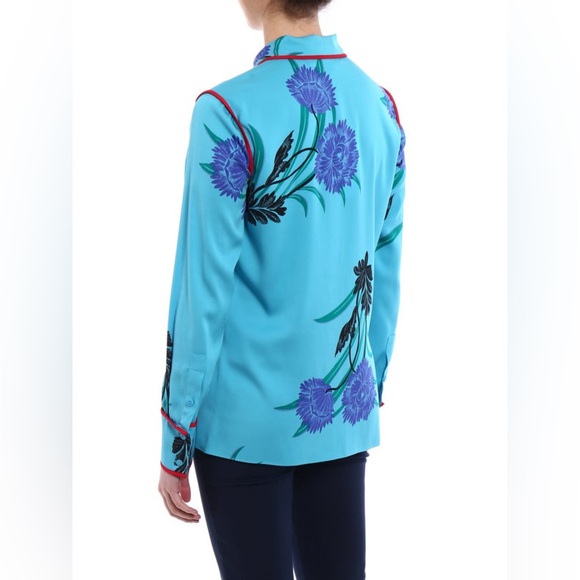 Diane Von Furstenberg Contrasting Piping Floral Silk Shirt Farren Marine Size 8 - Picture 3 of 14